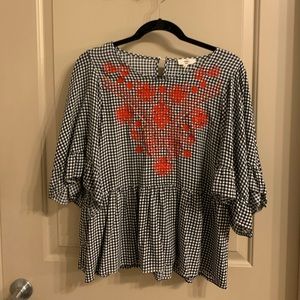 Flowy Gingham Top Bell Bat Sleeves Embroidered